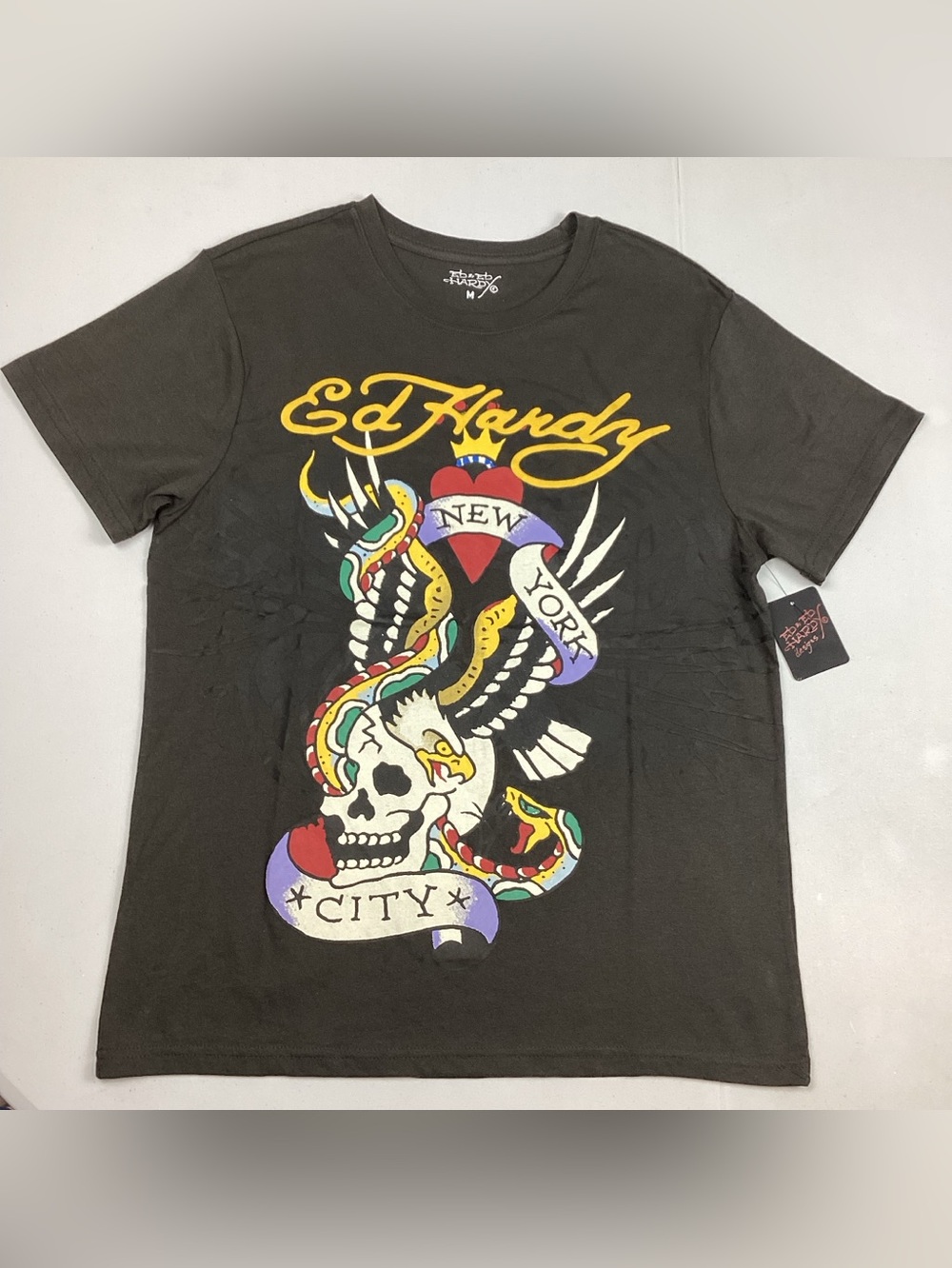 Ed Hardy Graphic T-Shirt Tee Gray Tattoo Skull Eagle Snake NYC Medium NEW!